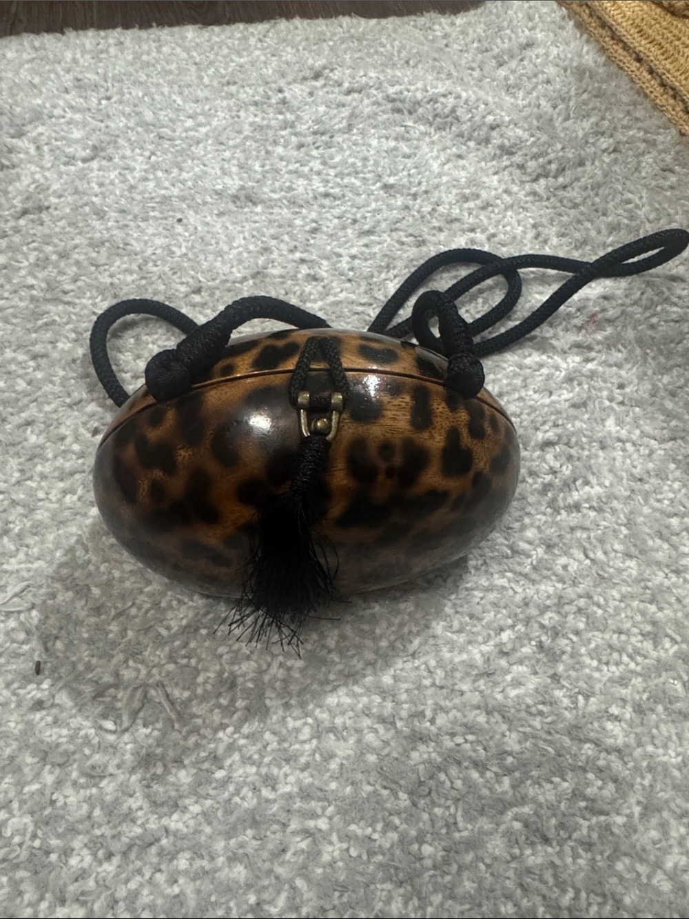 Timmy Woods Leopard-Print Oval Crossbody with Black Rope & Tassel
